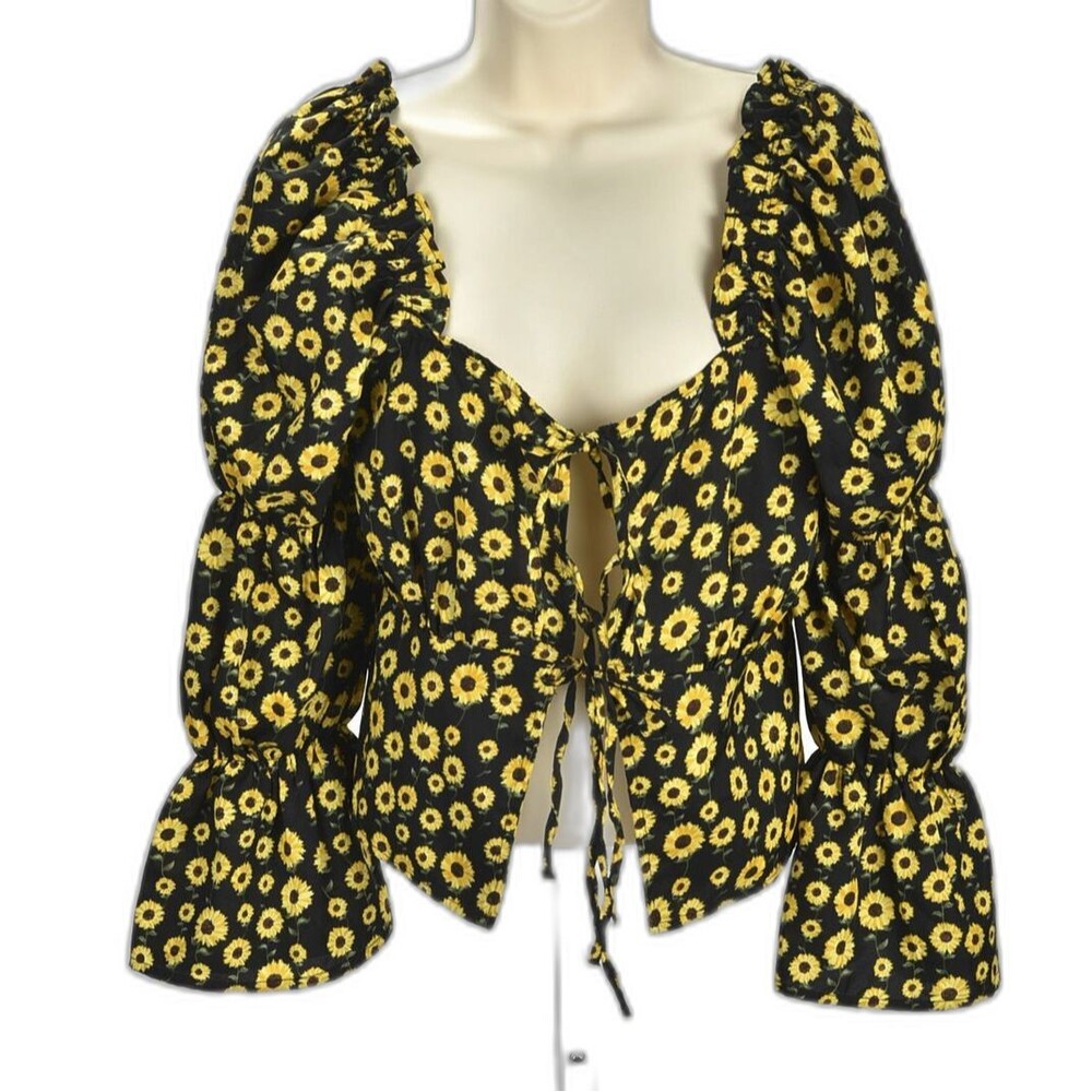 Love Sunflower Print Tie Front Blouse with Bubble Sleeves Size S